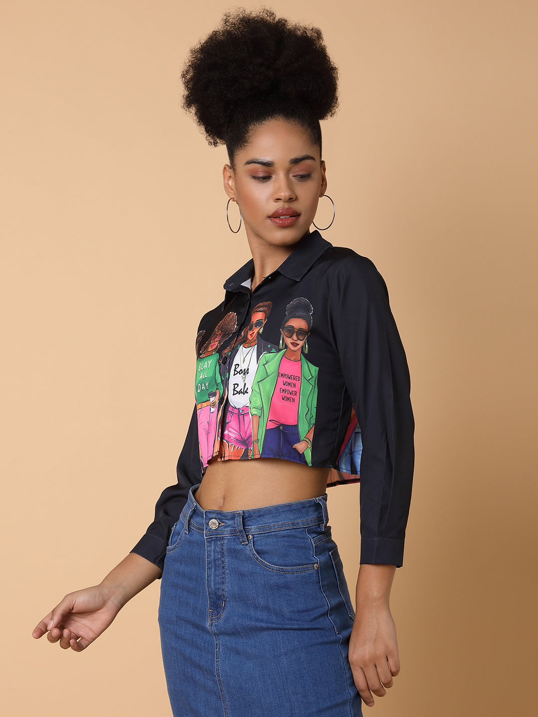 Women Graphic Black Crop Boxy Shirt