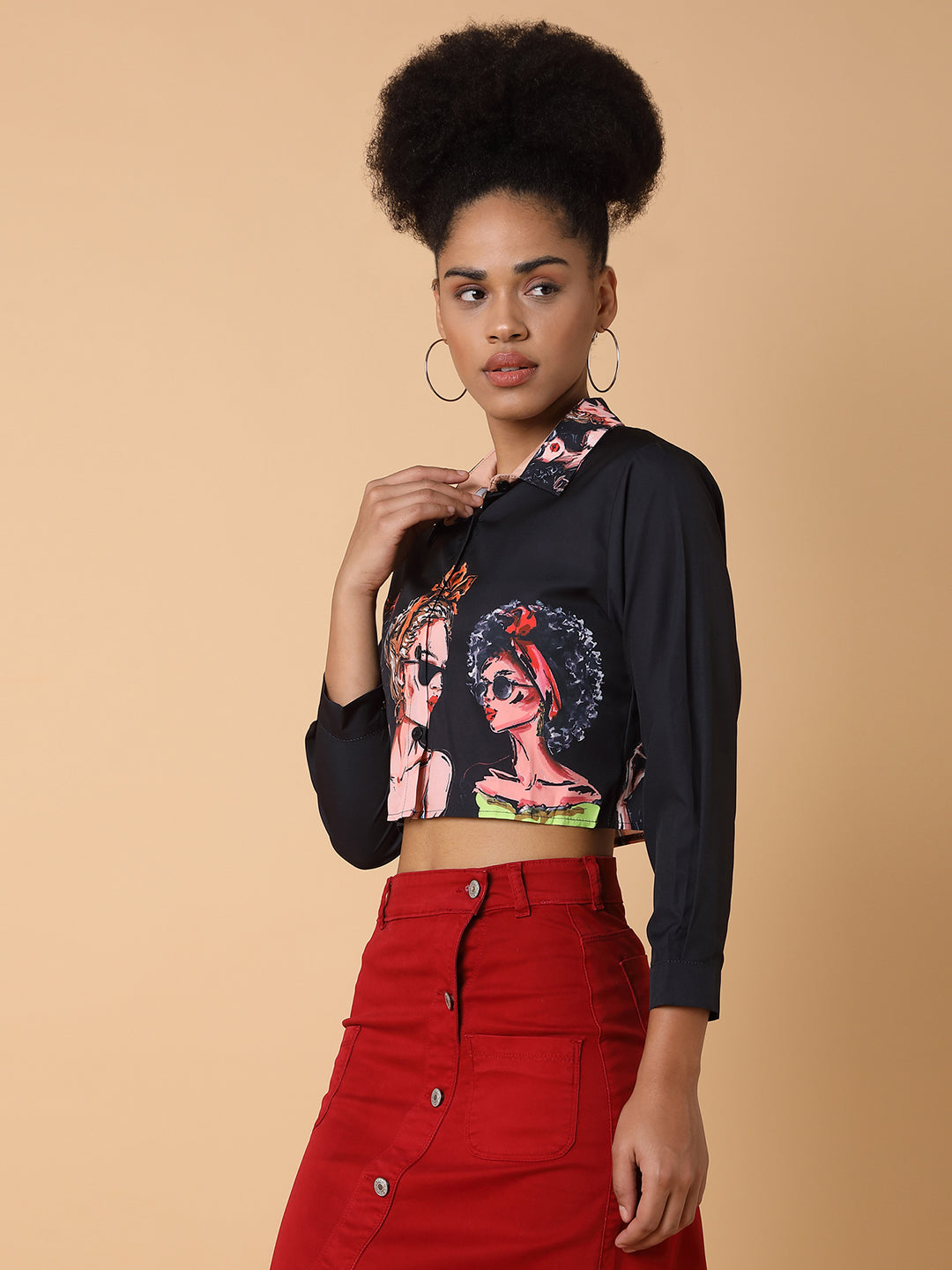 Women Graphic Black Crop Boxy Shirt