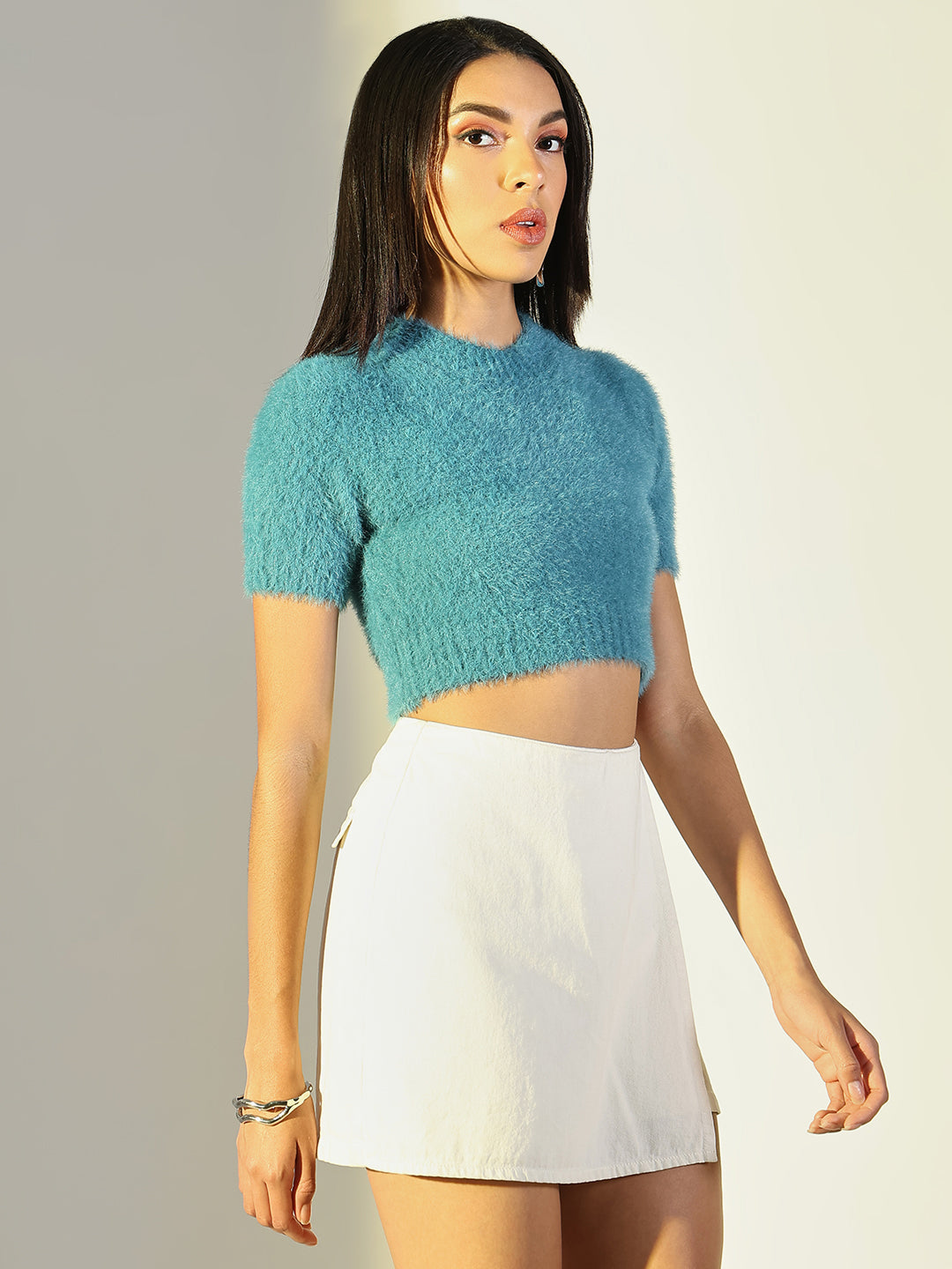 Women Blue Solid Crop Top