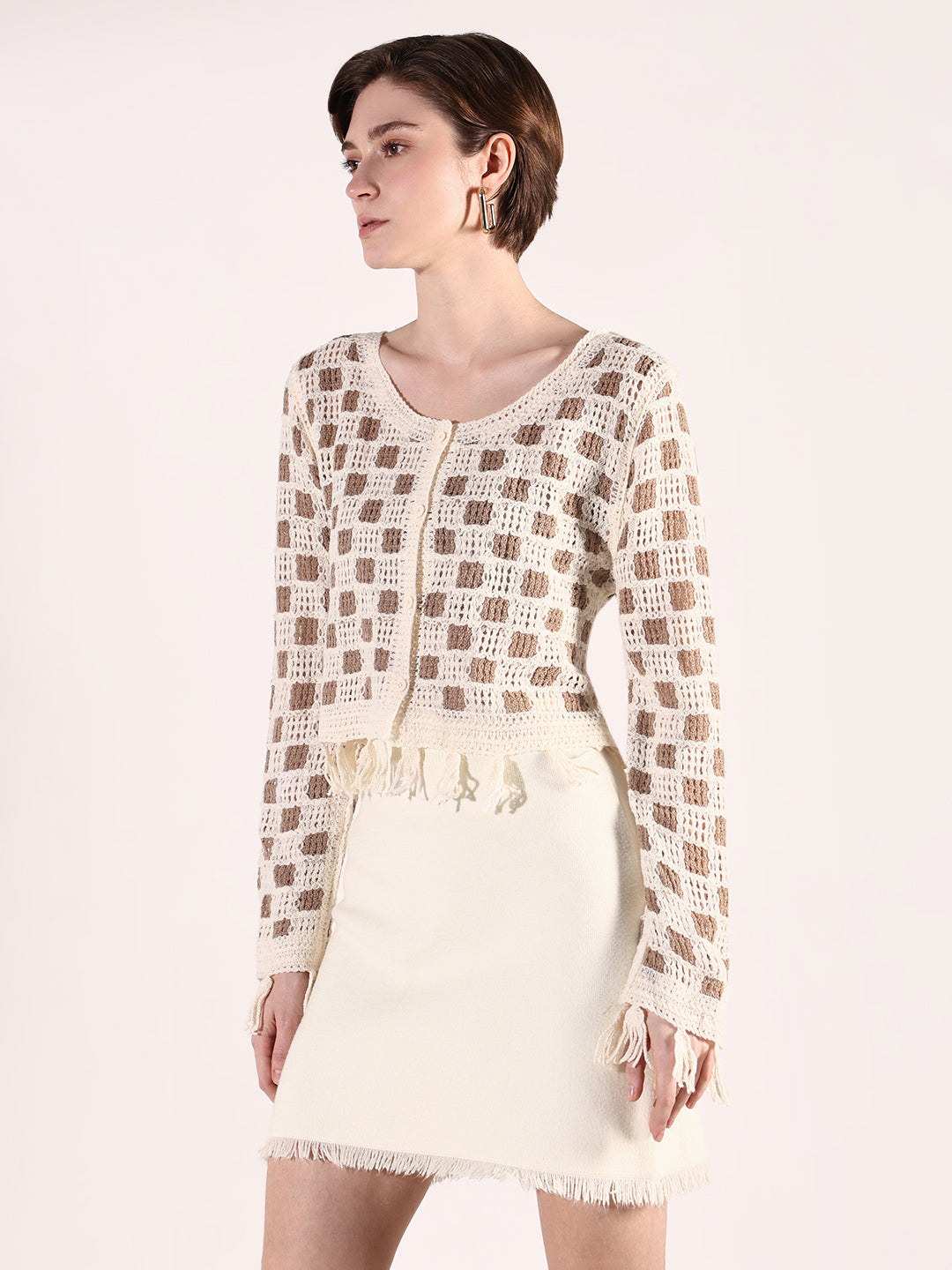 Women Beige Geometric Crochet Top