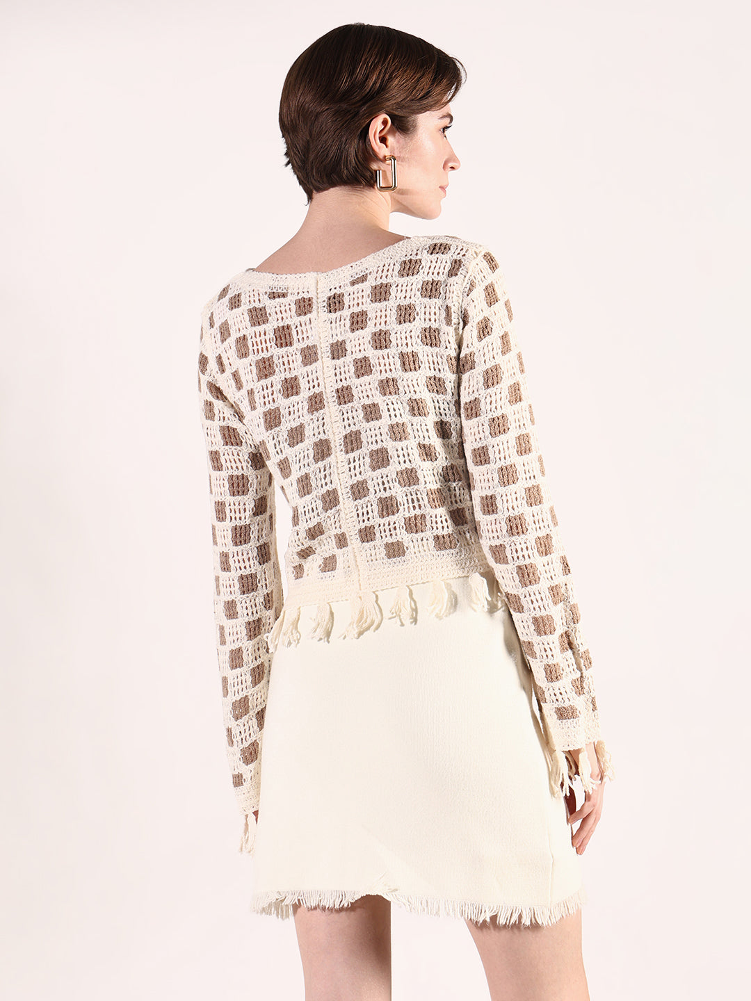 Women Beige Geometric Crochet Top