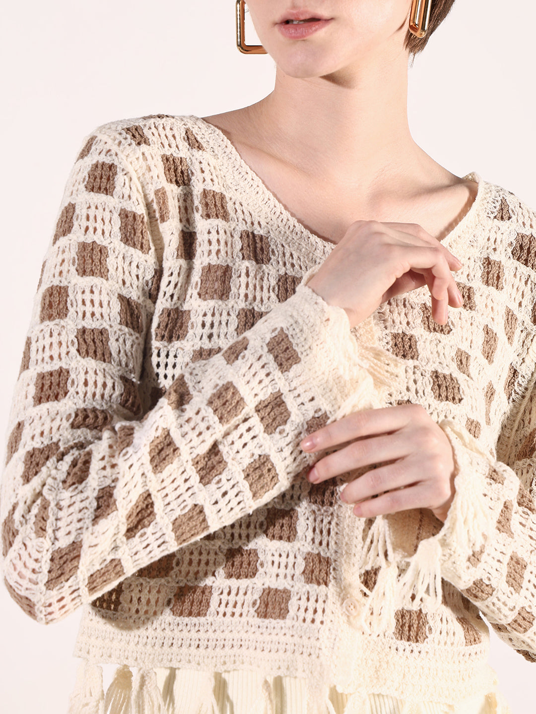 Women Beige Geometric Crochet Top