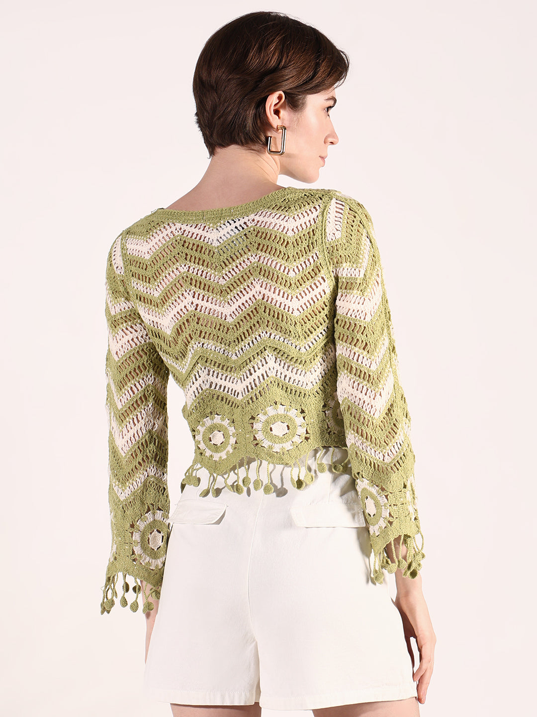 Women Green Geometric Crochet Top