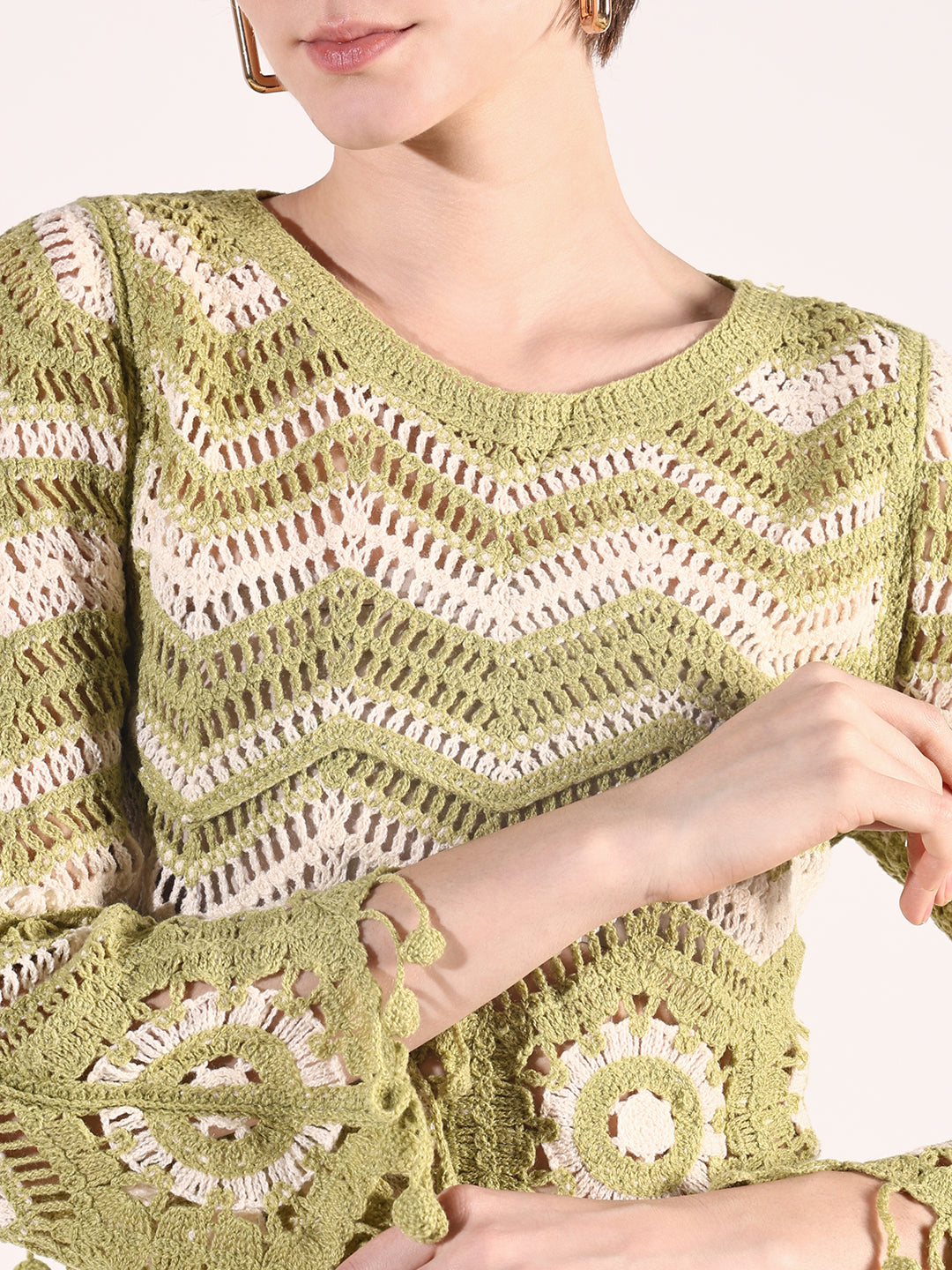 Women Green Geometric Crochet Top