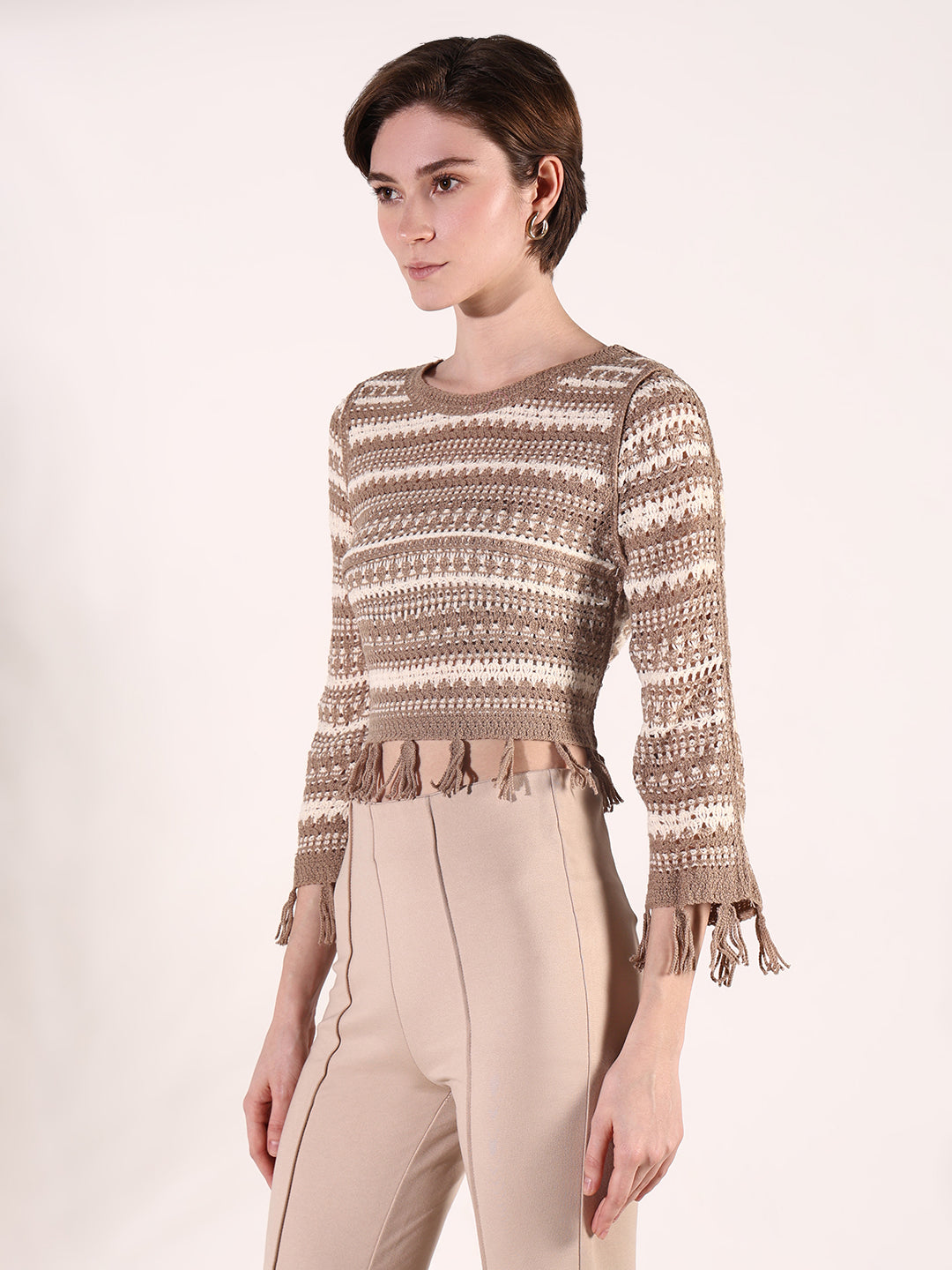 Women Beige Solid Crochet Top