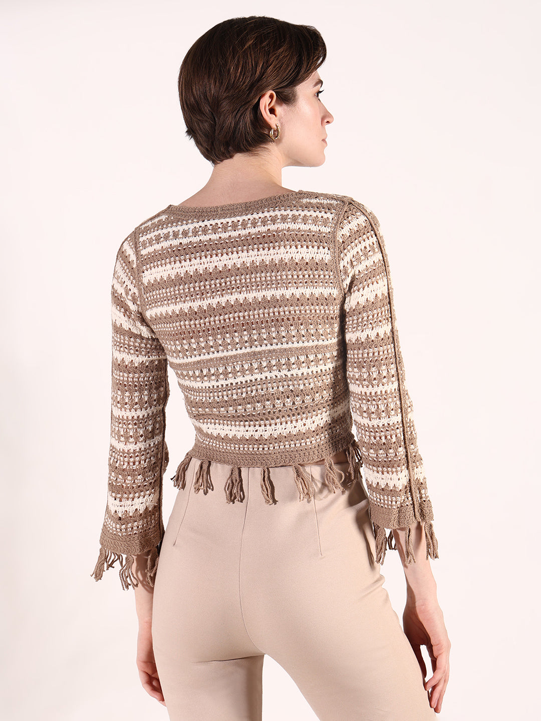 Women Beige Solid Crochet Top