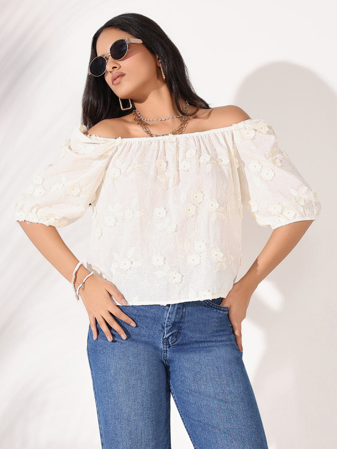 Women Cream Floral Top