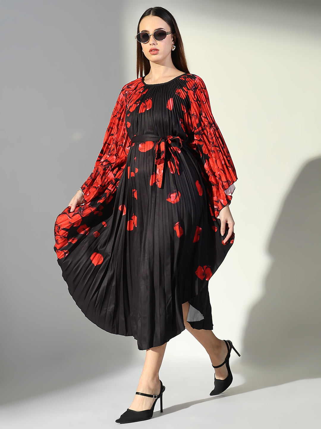 Women Black Floral Kaftan Dress with Belt