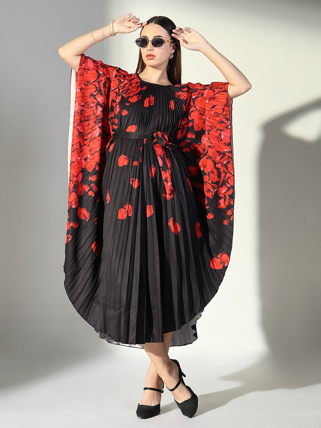 Women Black Floral Kaftan Dress with Belt