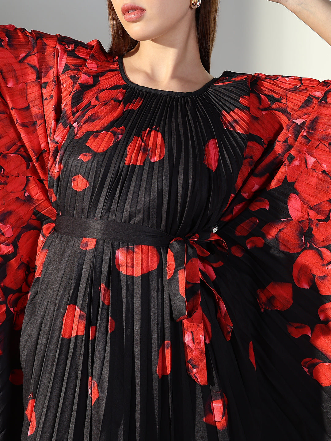 Women Black Floral Kaftan Dress with Belt