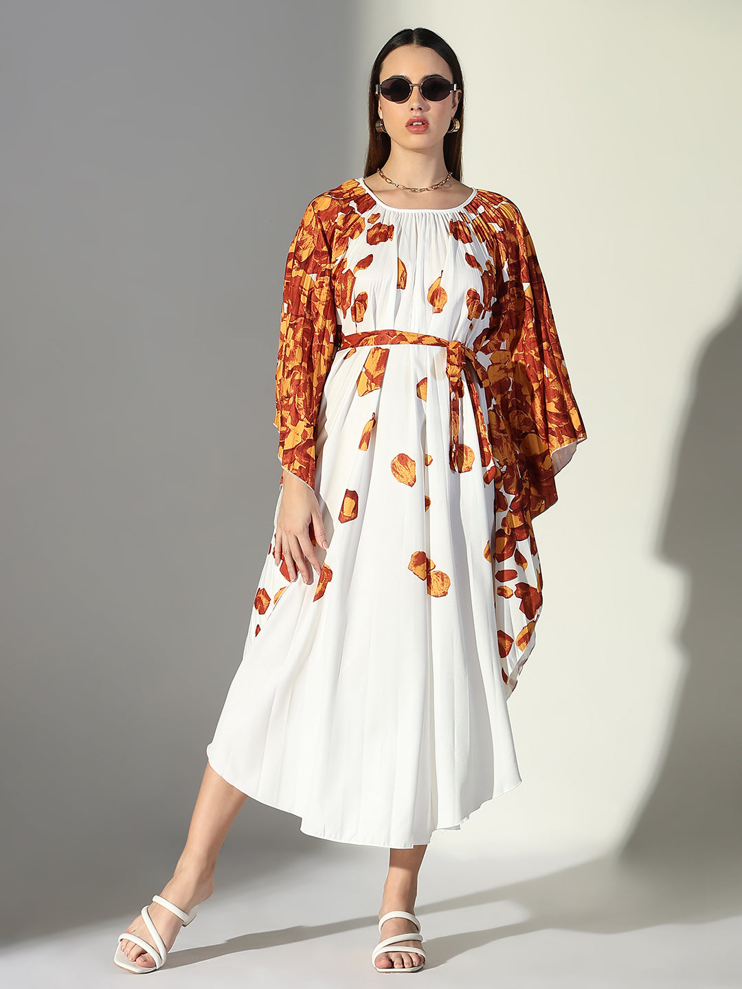 Women White Floral Kaftan Dress with Belt