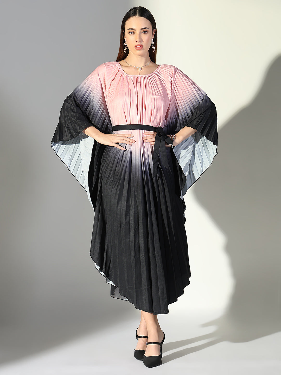 Women Pink Colourblocked Kaftan Dress with Belt