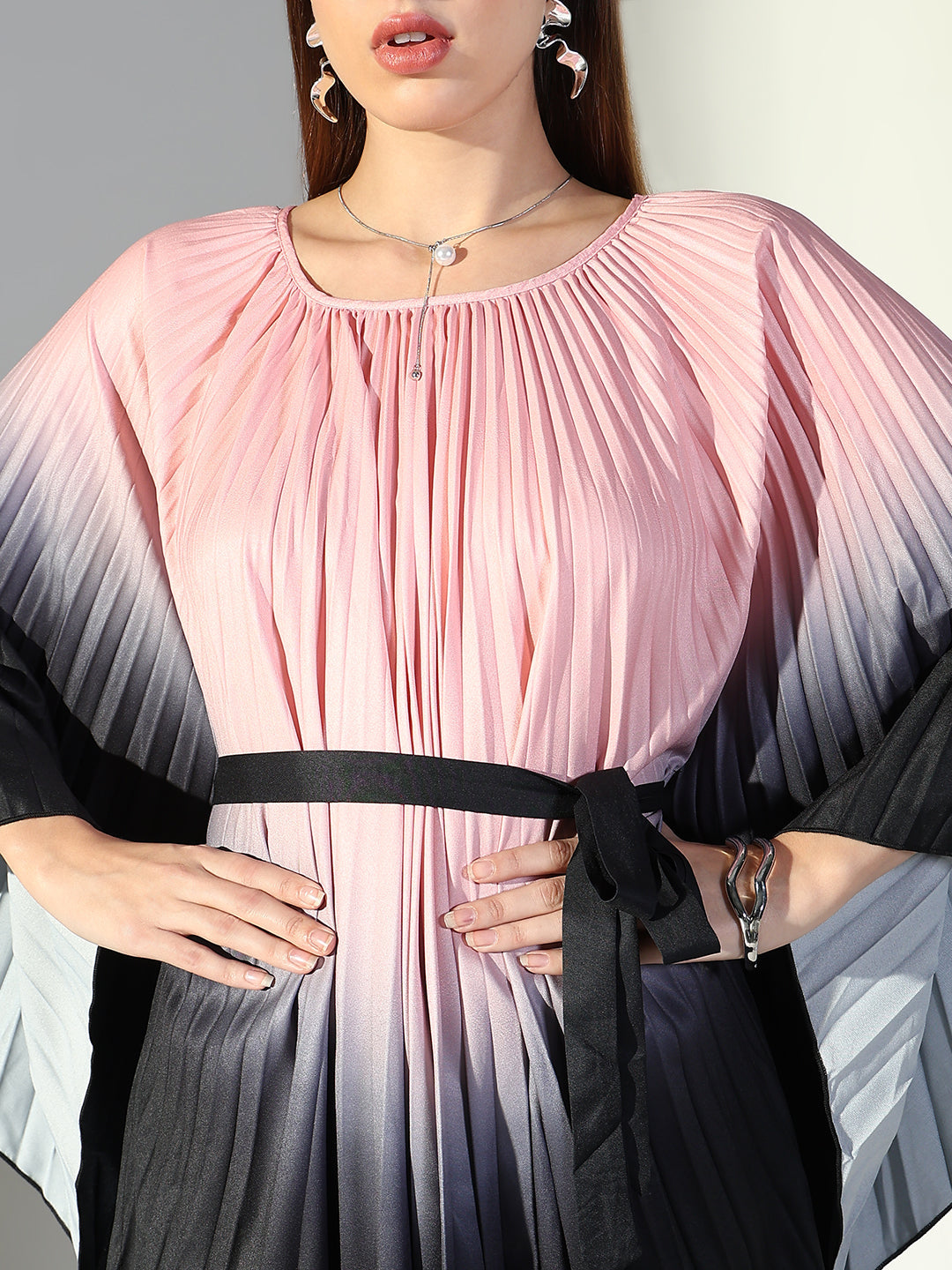 Women Pink Colourblocked Kaftan Dress with Belt