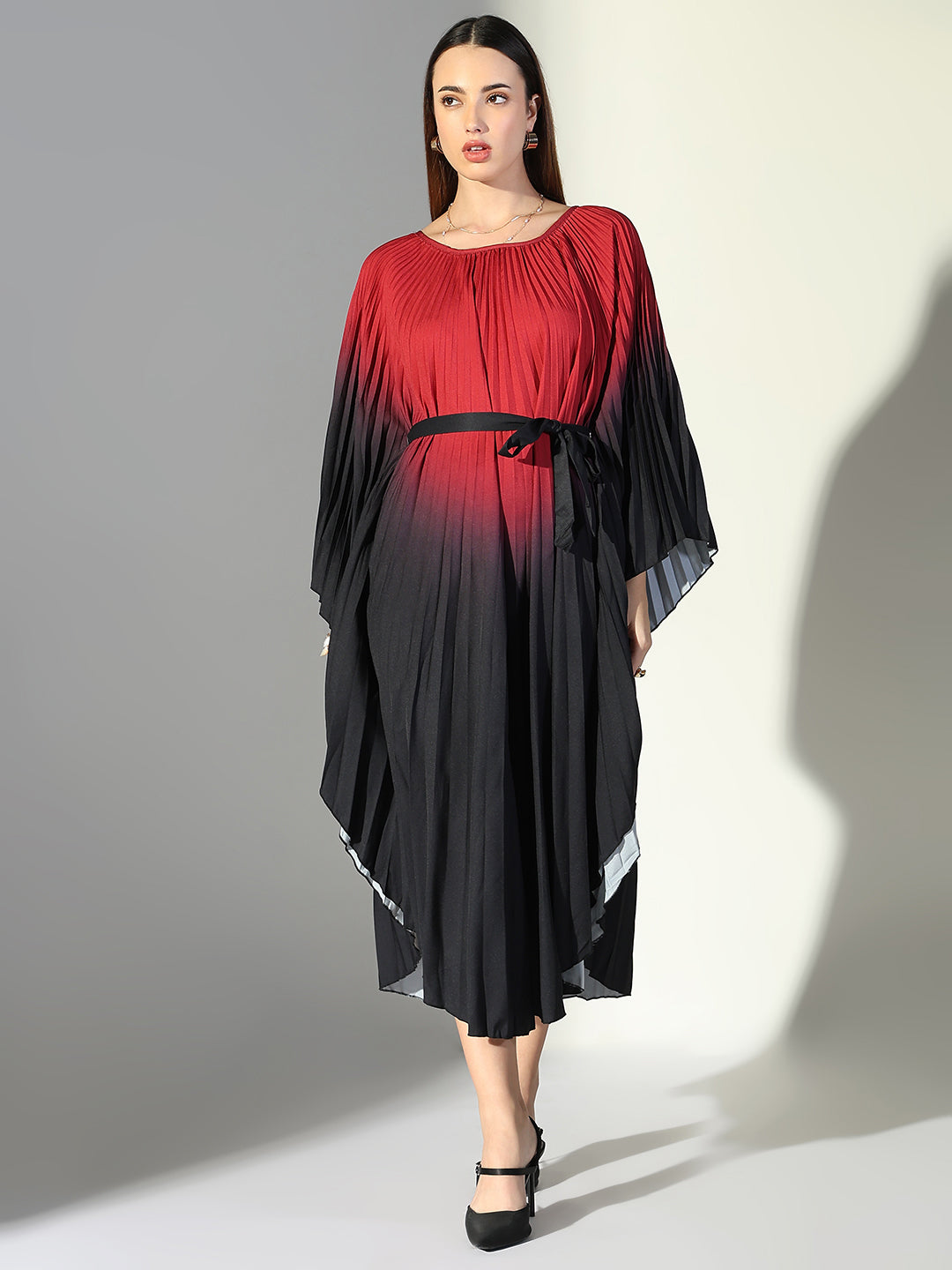 Women Red Colourblocked Kaftan Dress with Belt