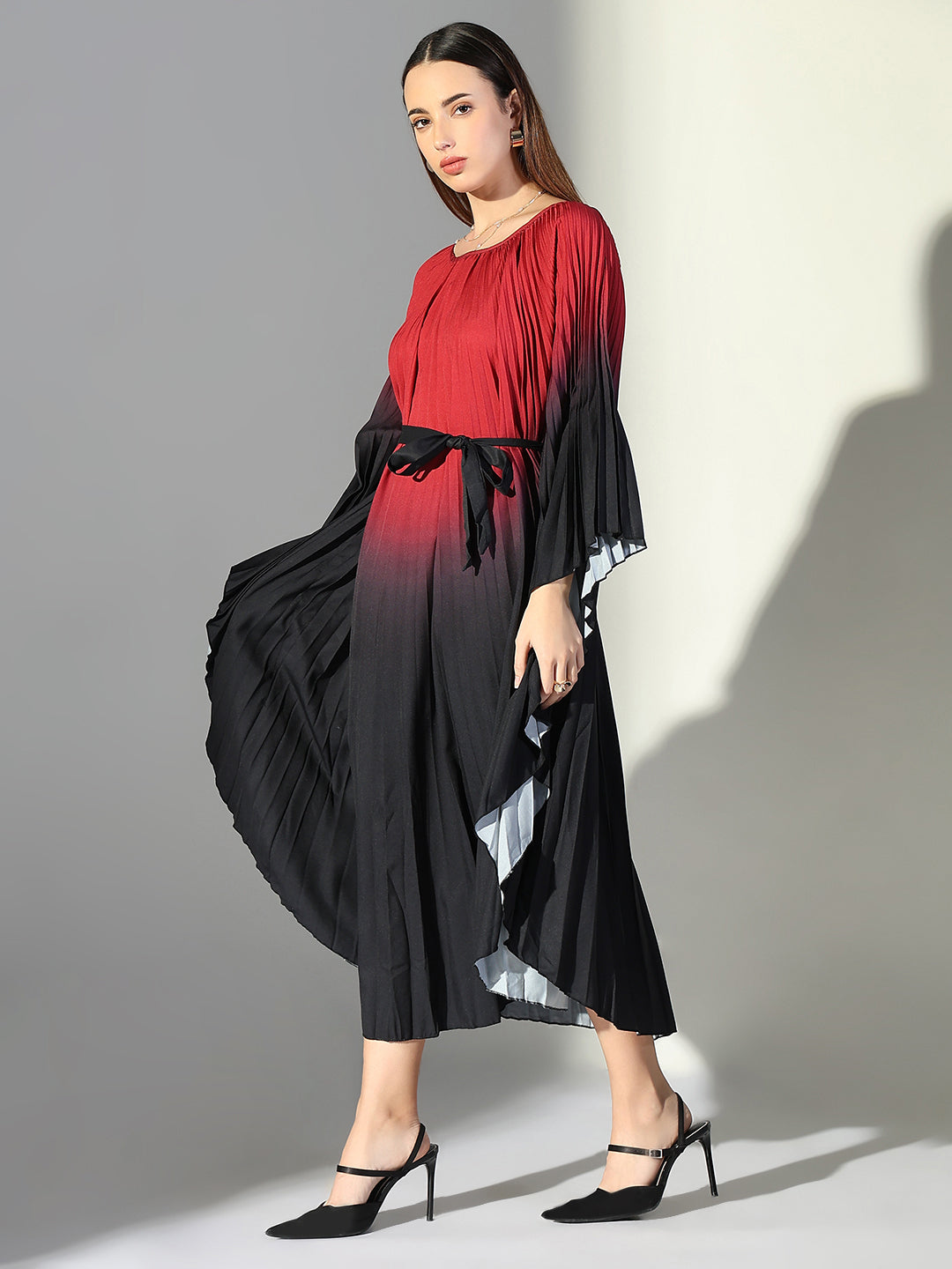 Women Red Colourblocked Kaftan Dress with Belt