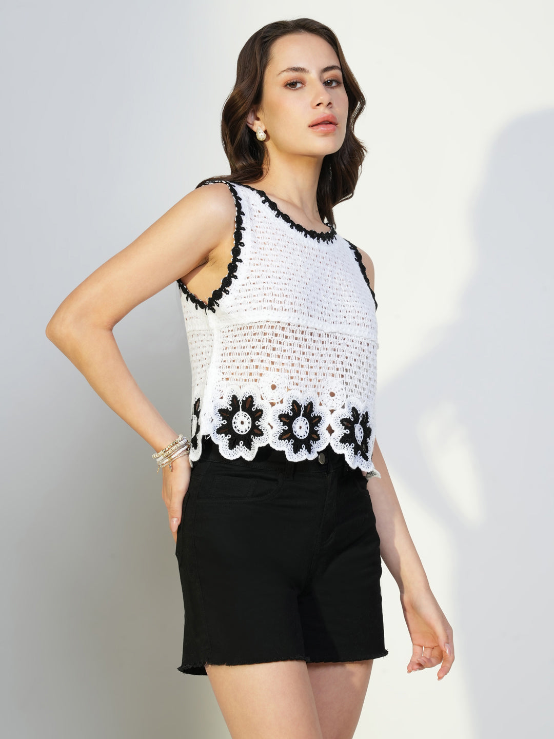 Women White Solid Crochet Crop Top