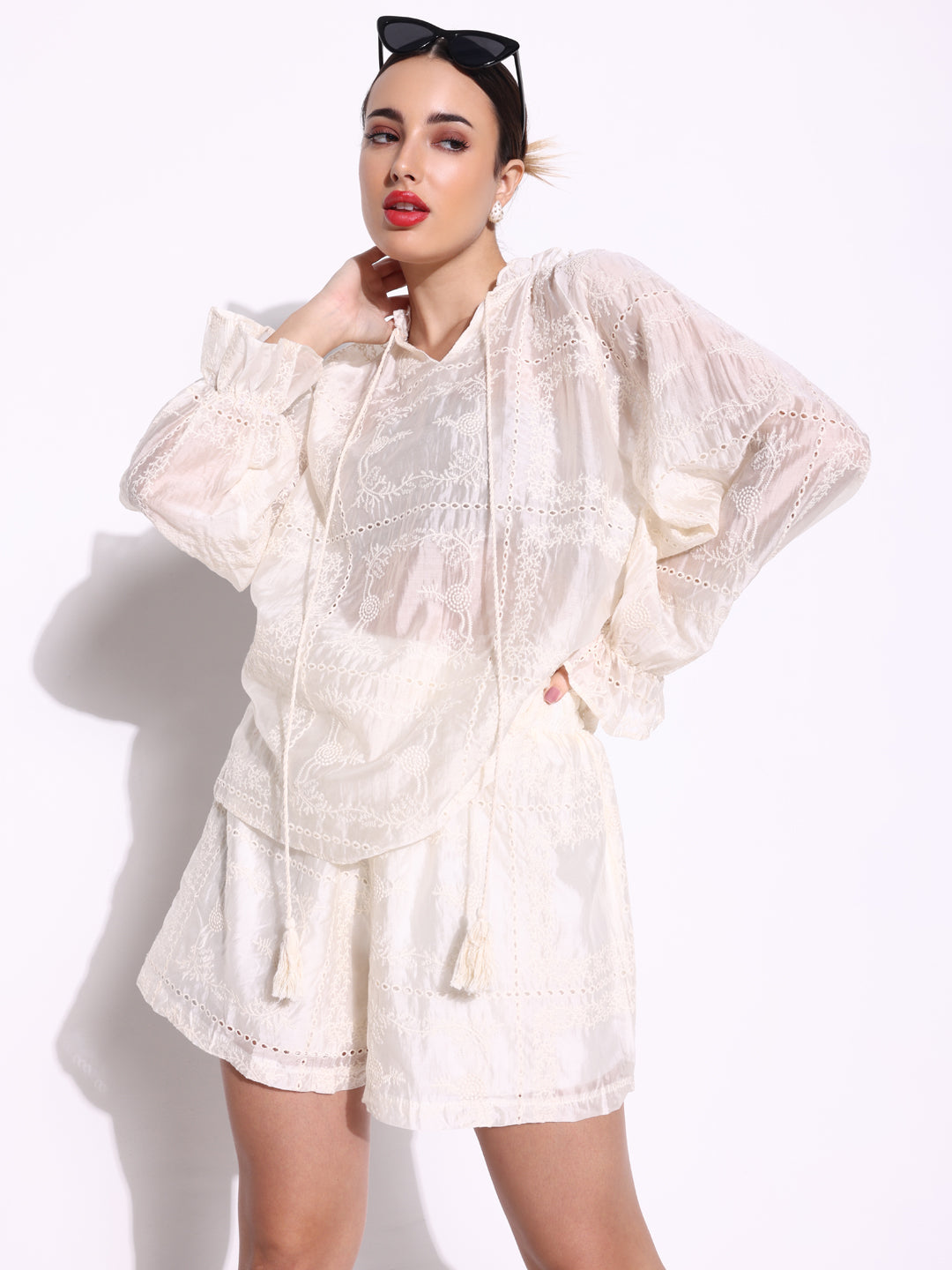 Women Embroidered Cream Co Ords Set