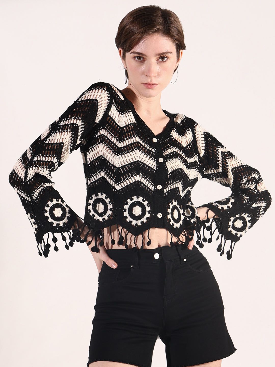 Women Black Solid Crochet Crop Top