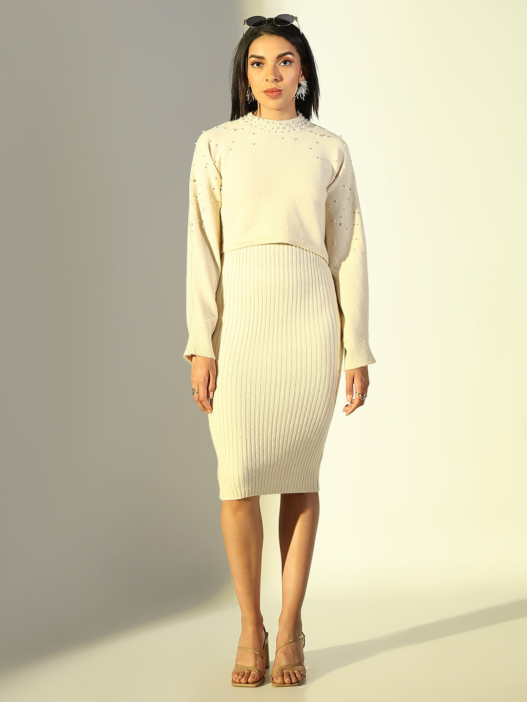 Women Cream Solid Bodycon Dress with Top