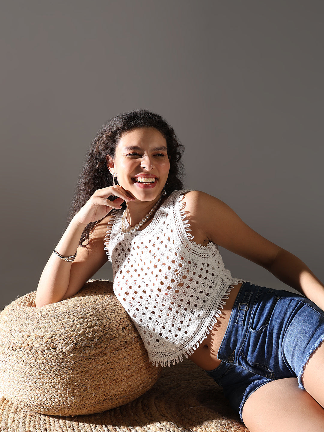 Women White Solid Crochet Crop Top