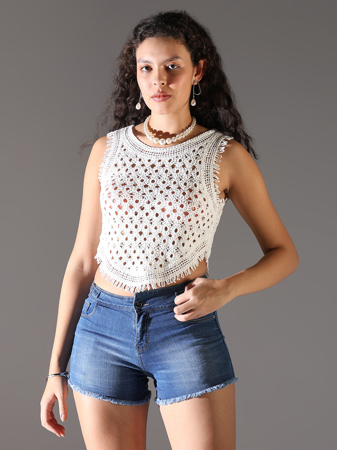 Women White Solid Crochet Crop Top