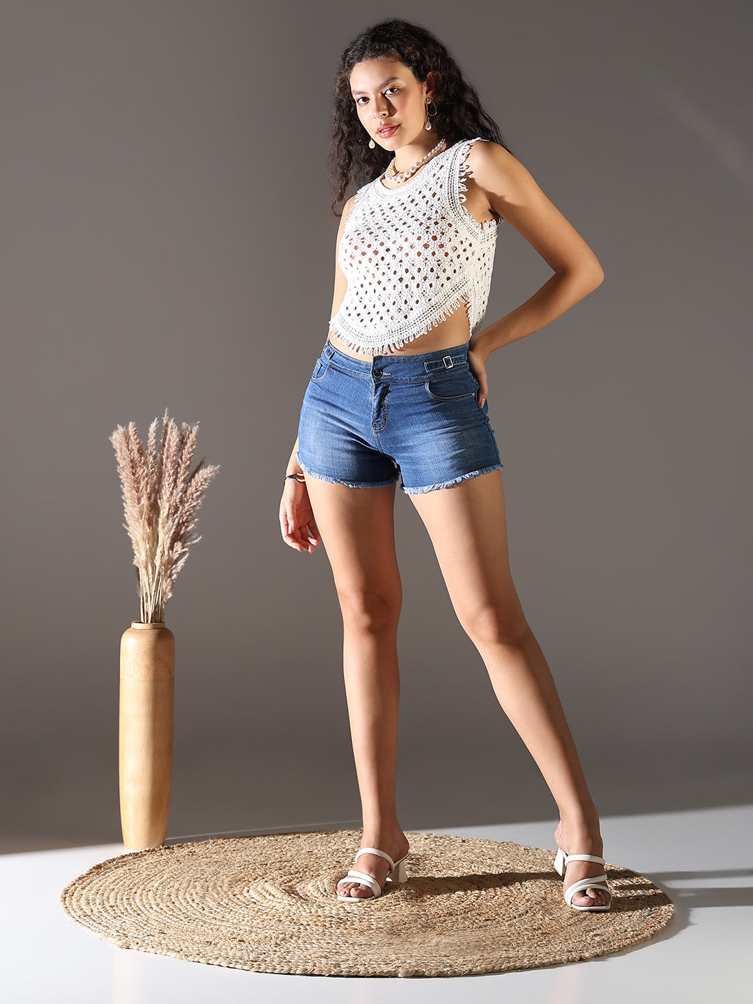 Women White Solid Crochet Crop Top