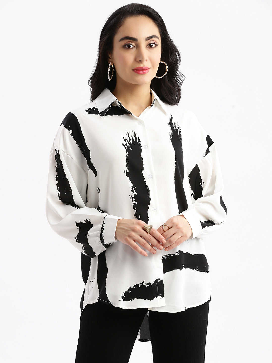 Women Abstract Off White Oversized Shirt