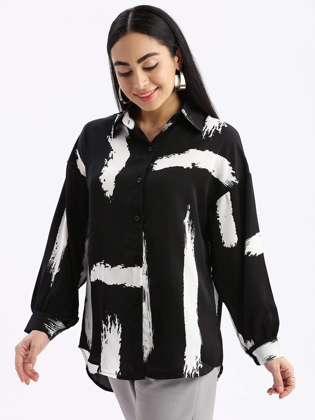 Women Abstract Black Oversized Shirt