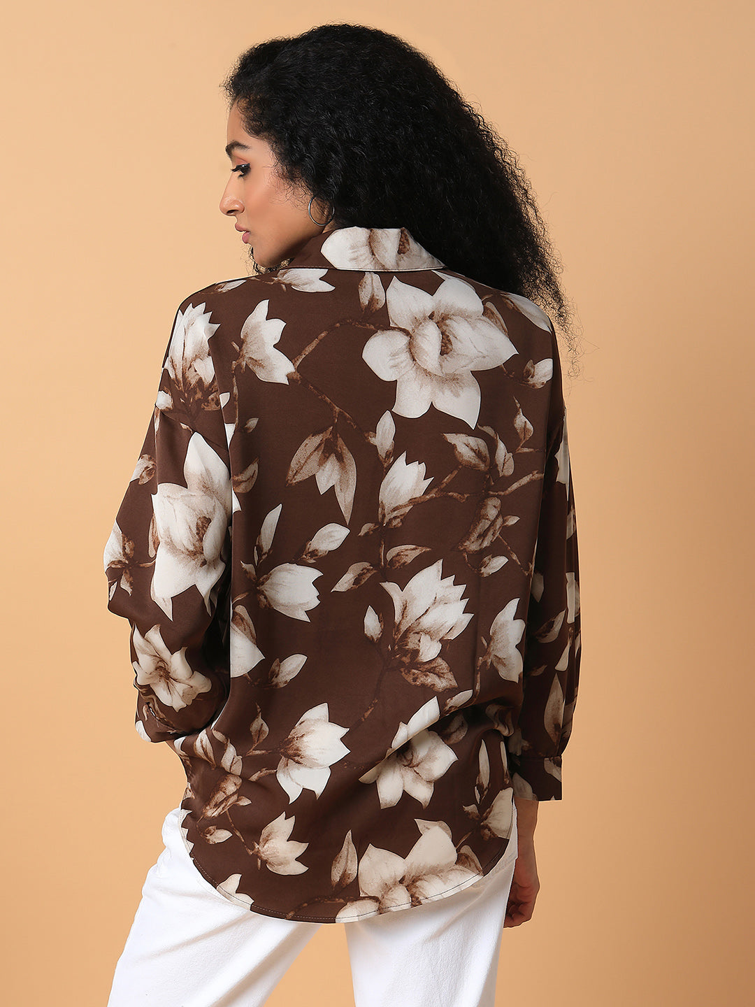 Women Floral Brown Oversized Shirt