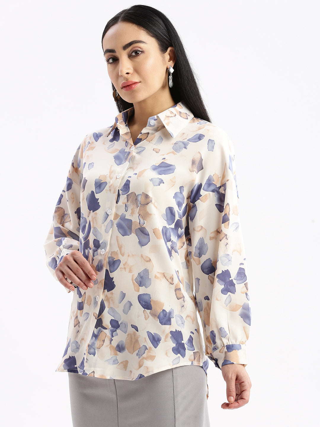 Women Abstract Cream Oversized Shirt