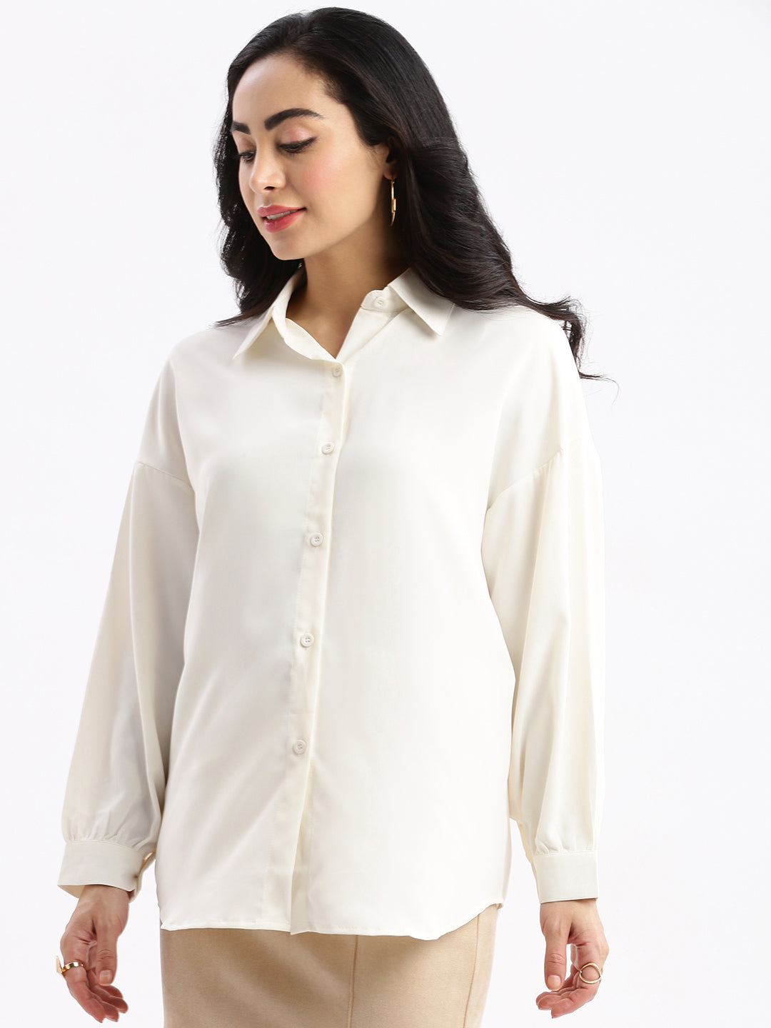 Women Solid Cream Oversized Shirt