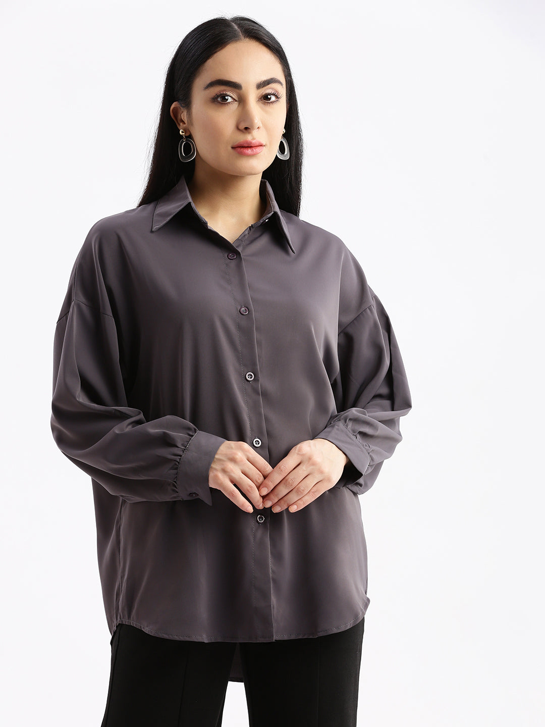 Women Solid Grey Oversized Shirt