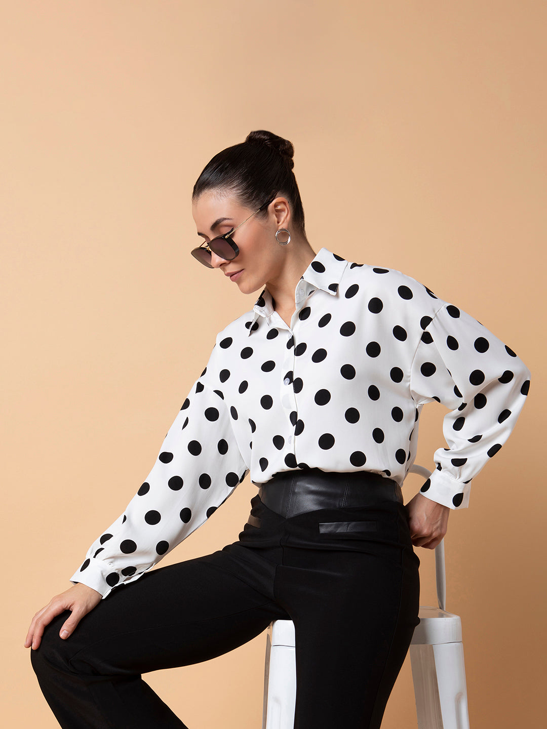 Women Polka Dots Off White Oversized Shirt