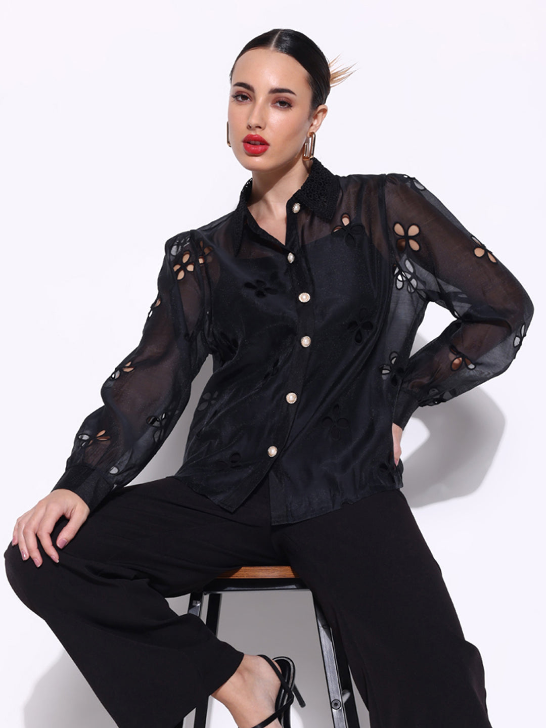 Women Solid Black Schiffili Shirt with Inner Slip