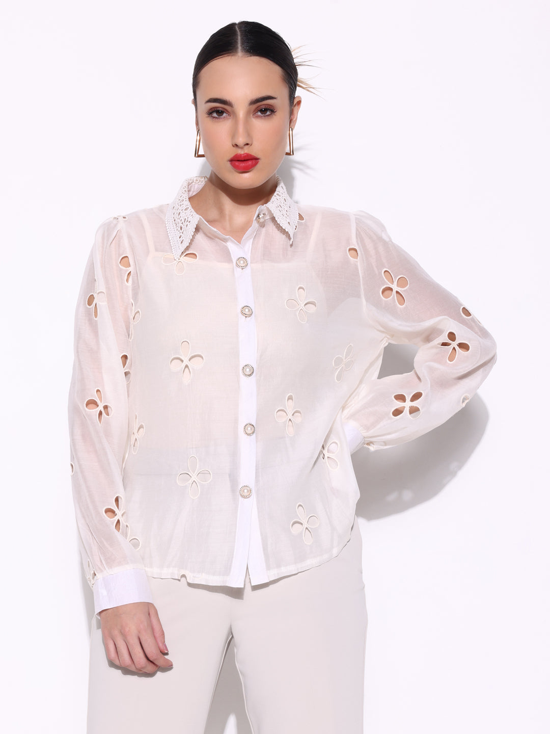 Women Solid Cream Schiffili Shirt with Inner Slip