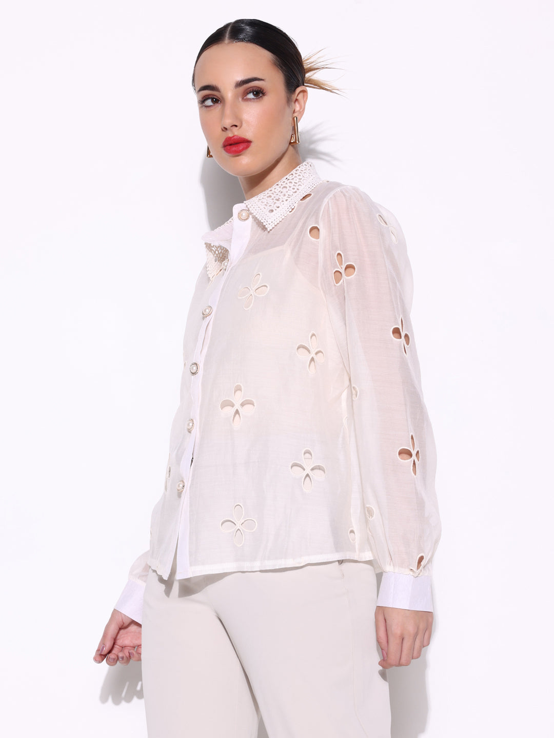 Women Solid Cream Schiffili Shirt with Inner Slip