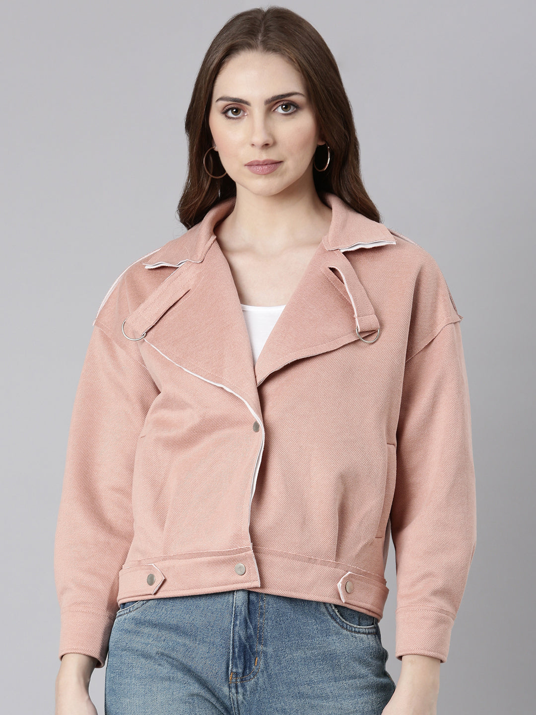 Women Peach Solid Open Front Jacket