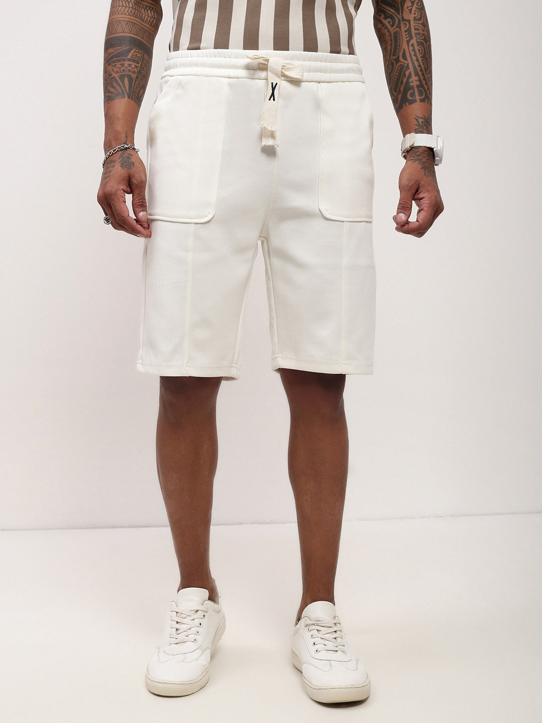 Men Cream Solid Shorts