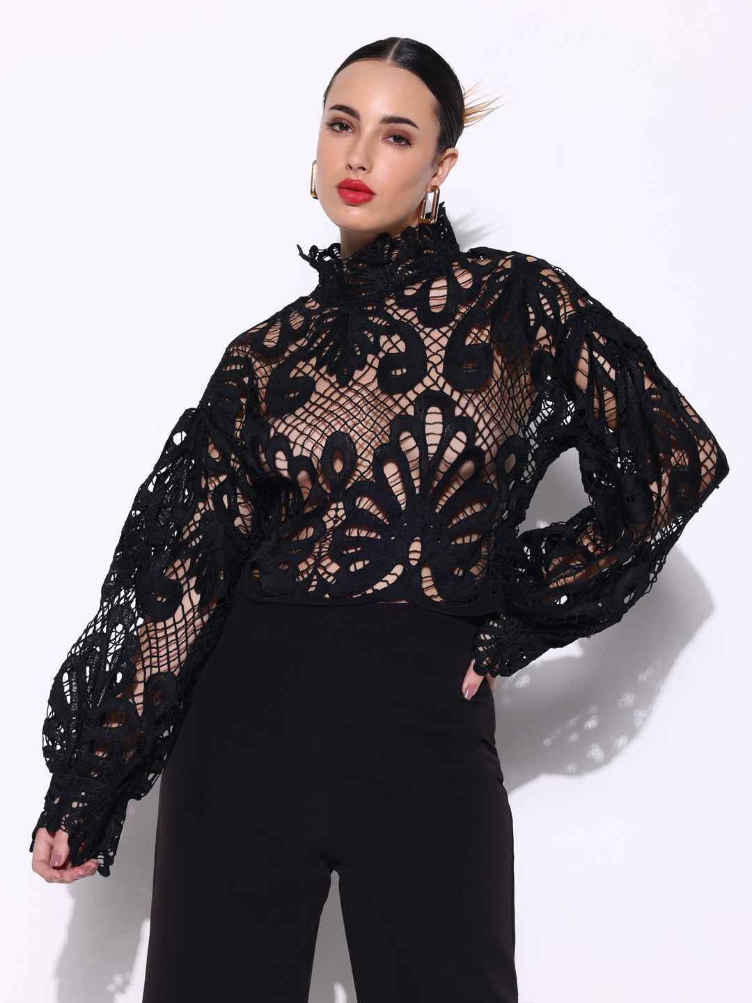 Women Solid Black Crochet Top