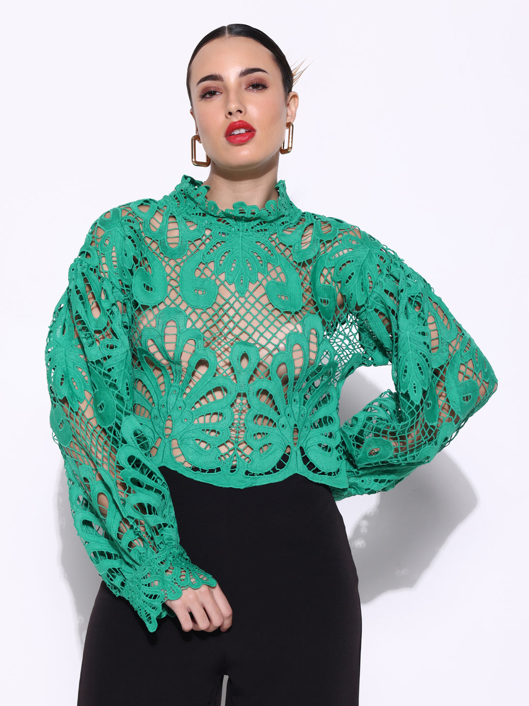 Women Solid Green Crochet Top