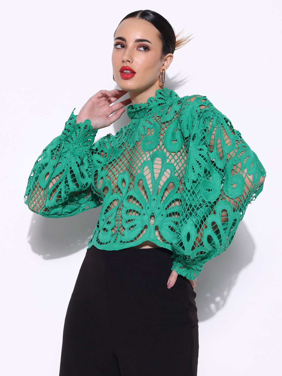 Women Solid Green Crochet Top