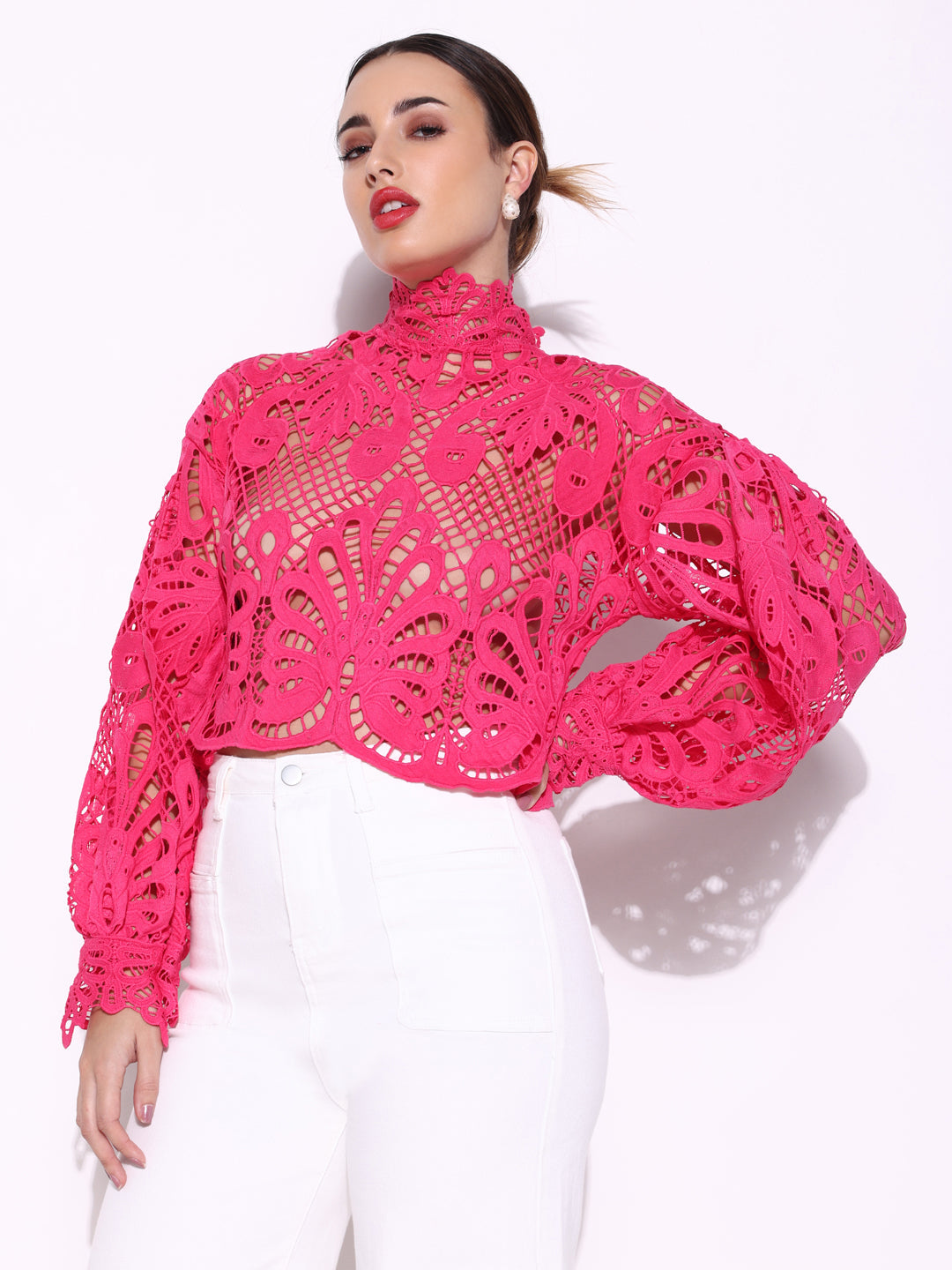 Women Solid Pink Crochet Top