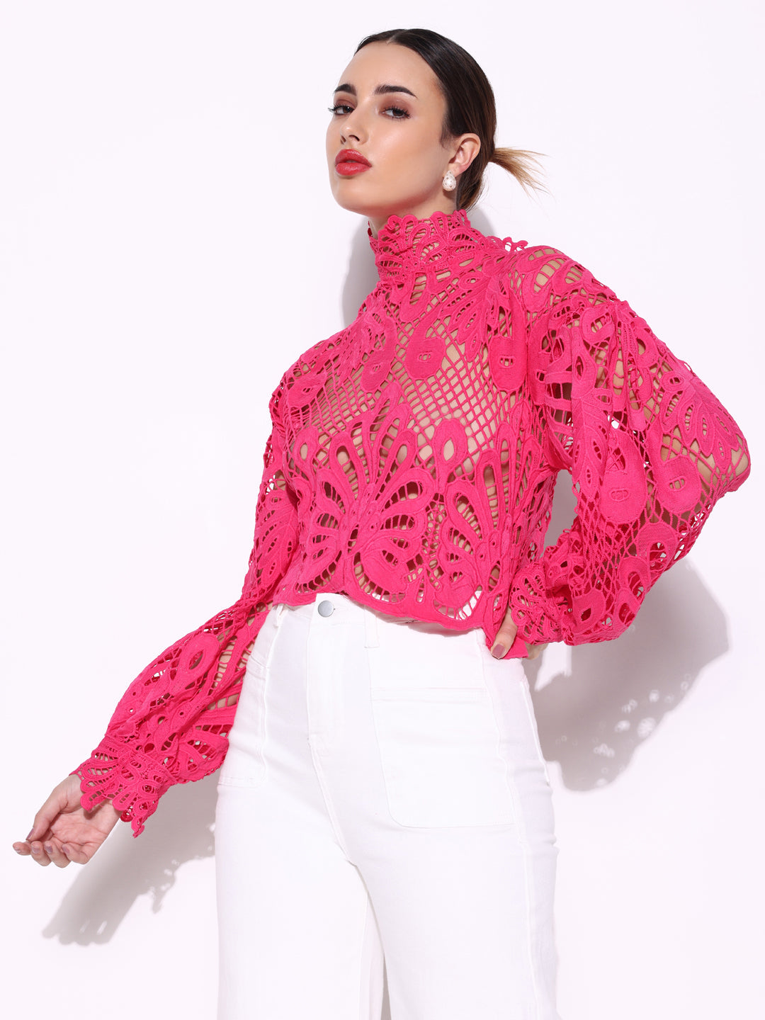 Women Solid Pink Crochet Top