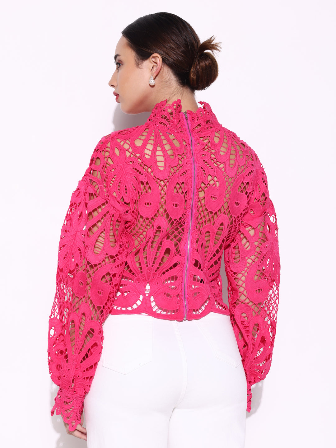 Women Solid Pink Crochet Top