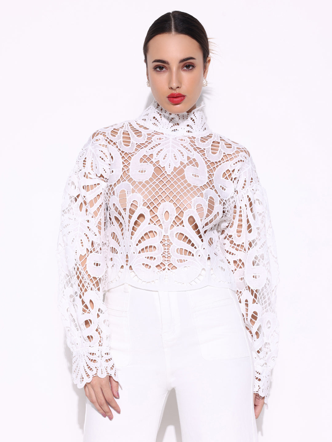 Women Solid White Crochet Top