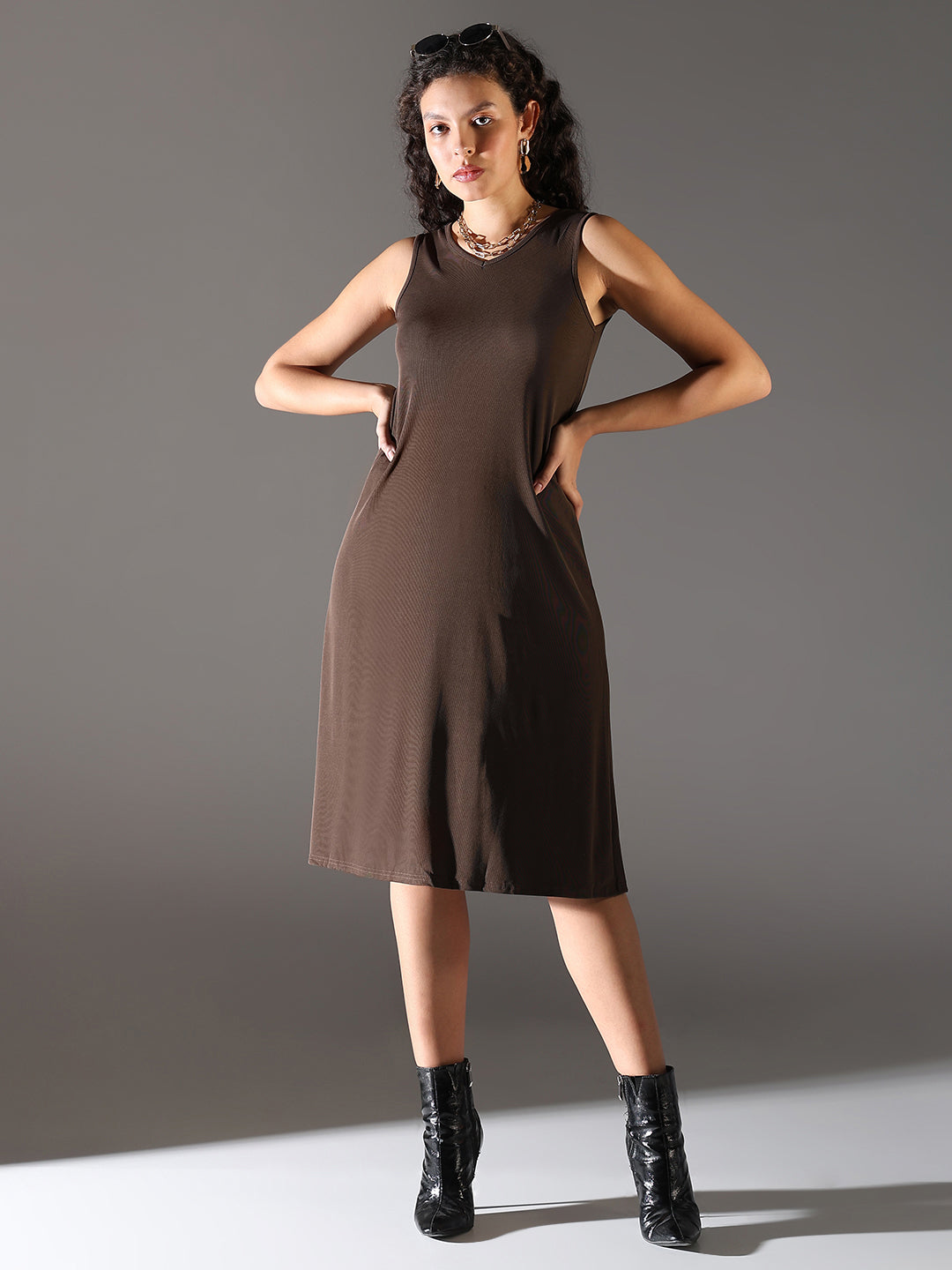 Women Brown Solid A Line Dress