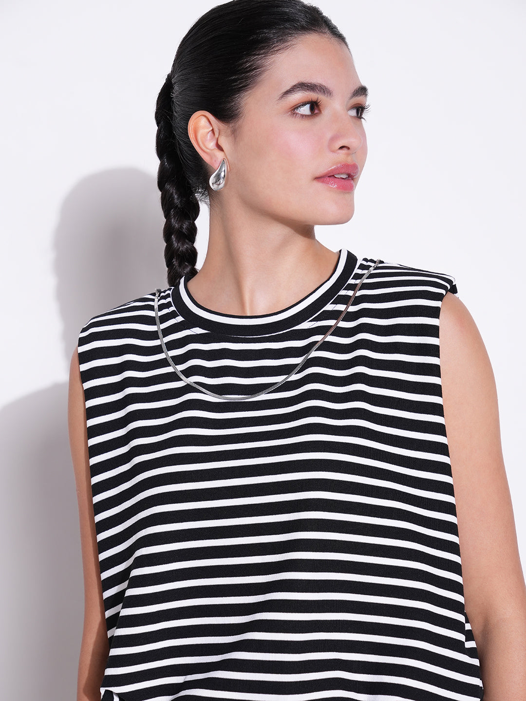 Women Black Striped Top with Chain