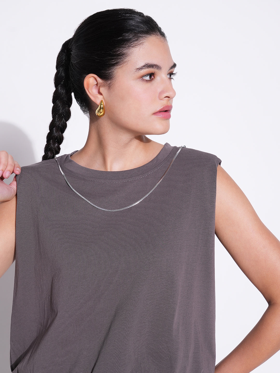 Women Grey Solid Top with Chain