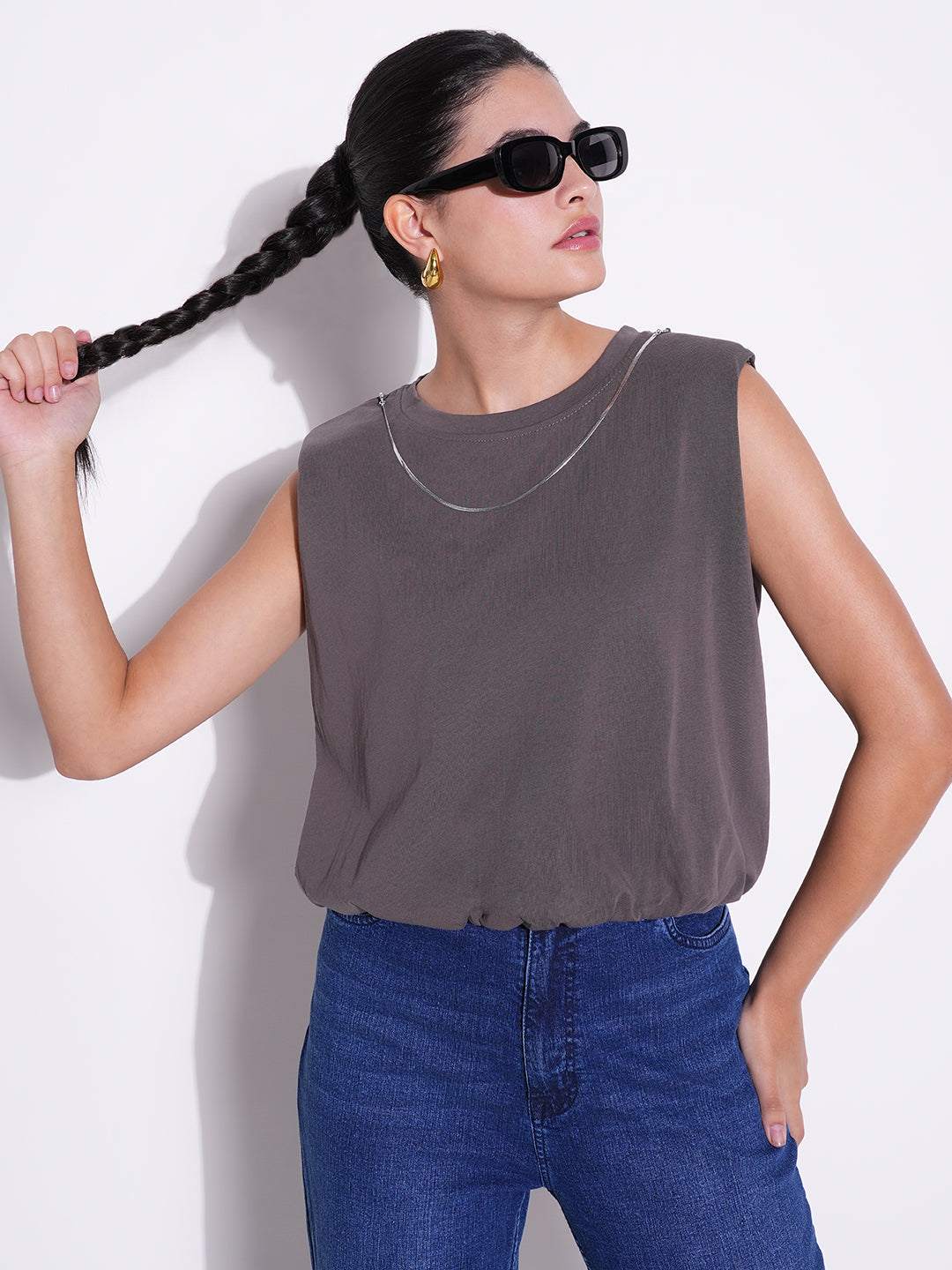 Women Grey Solid Top with Chain