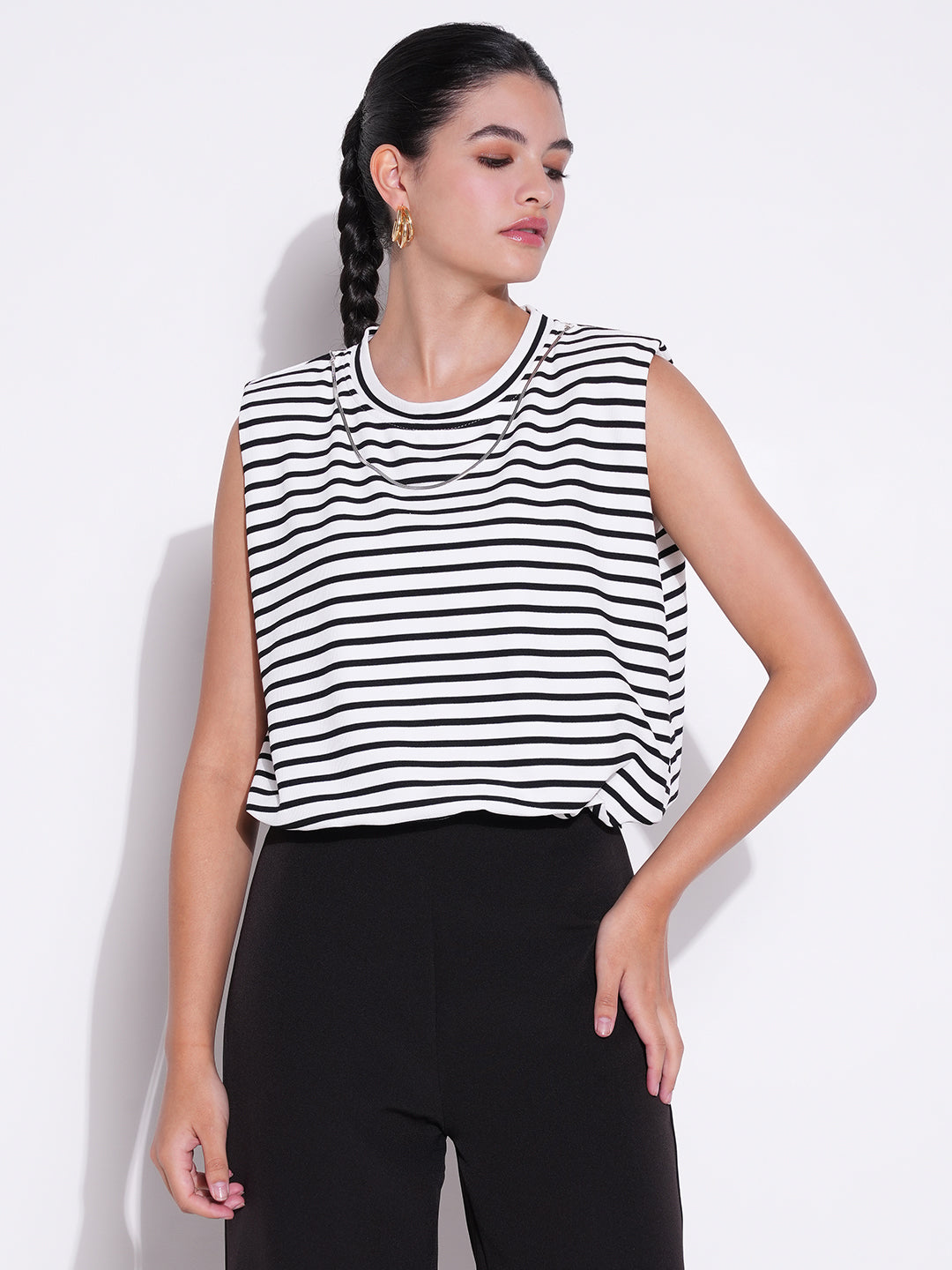 Women White Striped Top with Chain